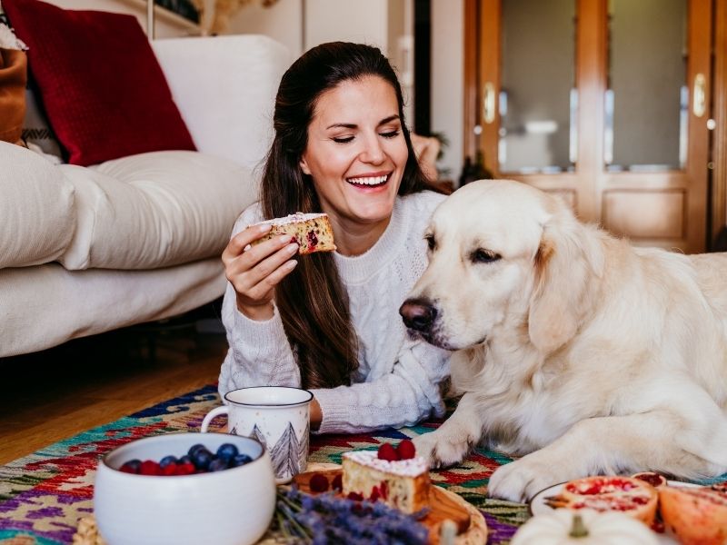 A dog eating berries. 